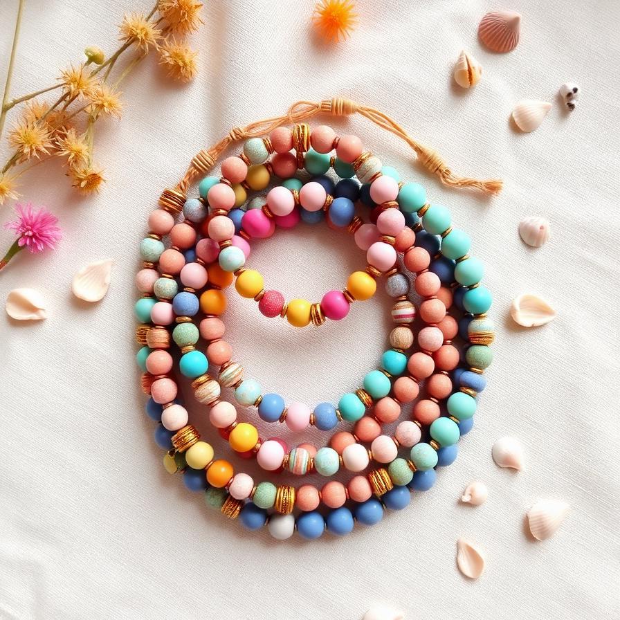 Flat lay de pulseras de colores con caracoles y flores