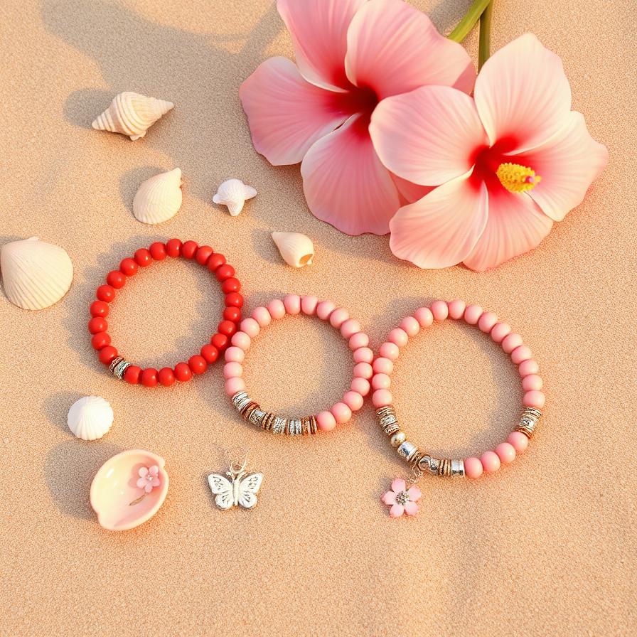 Pulseras coral con flor de hibisco